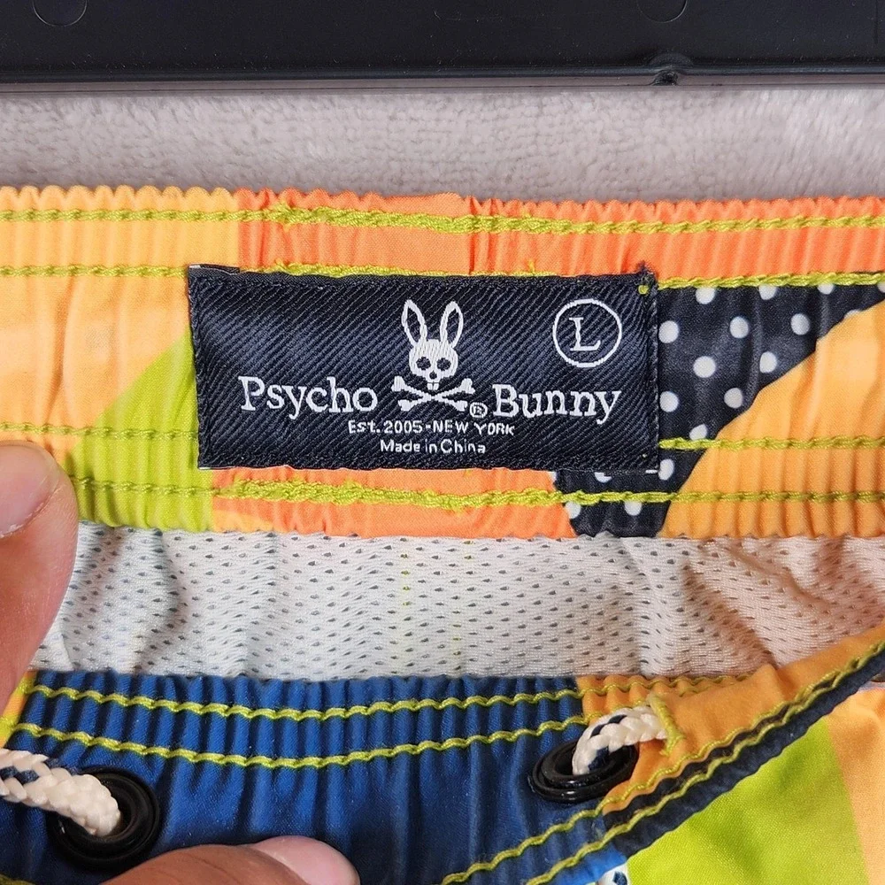 Psycho Bunny Swim Trunks Mens Large Multicolor Geo Print Lined Drawstring Beach